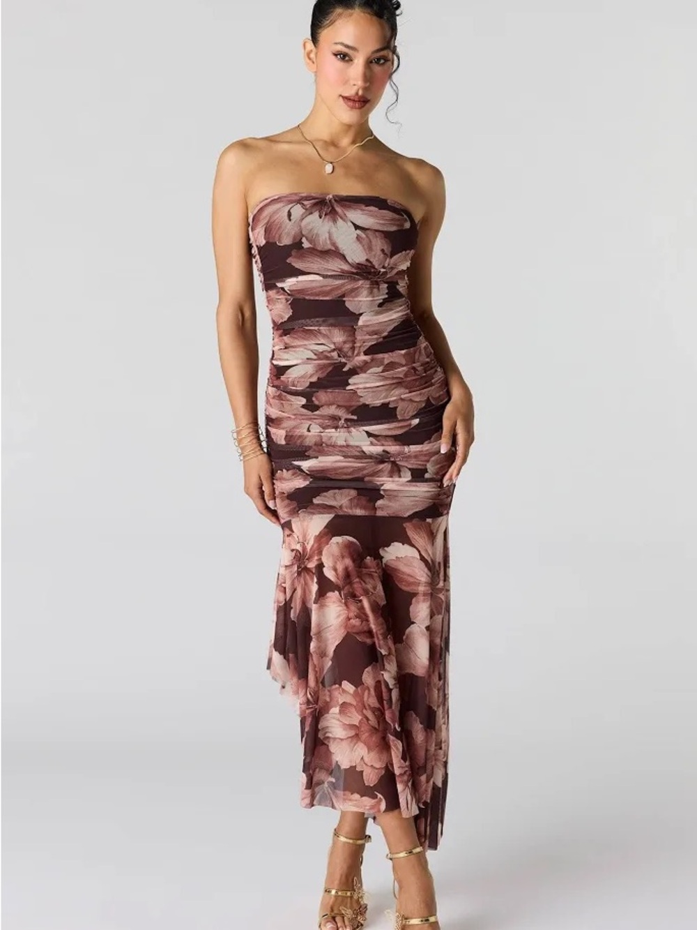 Ruched Mesh Drop Waist Tube Dress - Brown / L/G